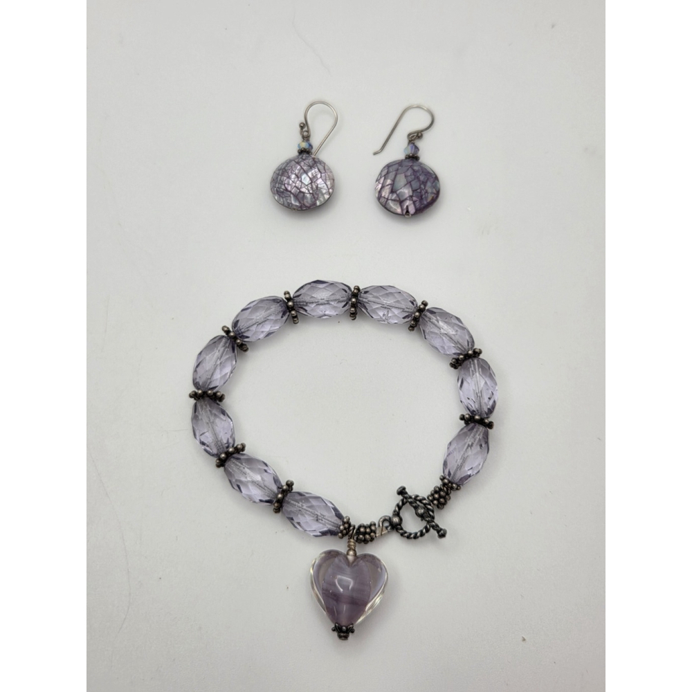 Vintage art glass Heart Bracelet Earrings Set Purple Tone beads Mother Of Pearl